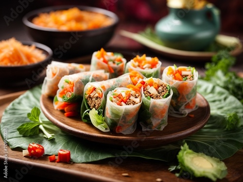 Vietnamese Goi Cuon Spring Rolls, famous Asian food, cinematic photography in studio background 