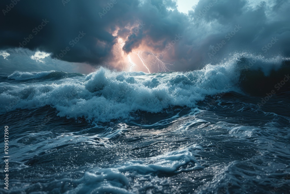 Stormy seascape with stormy sea waves and sun rays - obrazy, fototapety, plakaty 