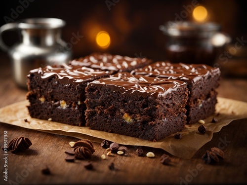 Rich and fudgy brownies with fudgy middles and the best crinkly tops, cinematic dessert photography  photo