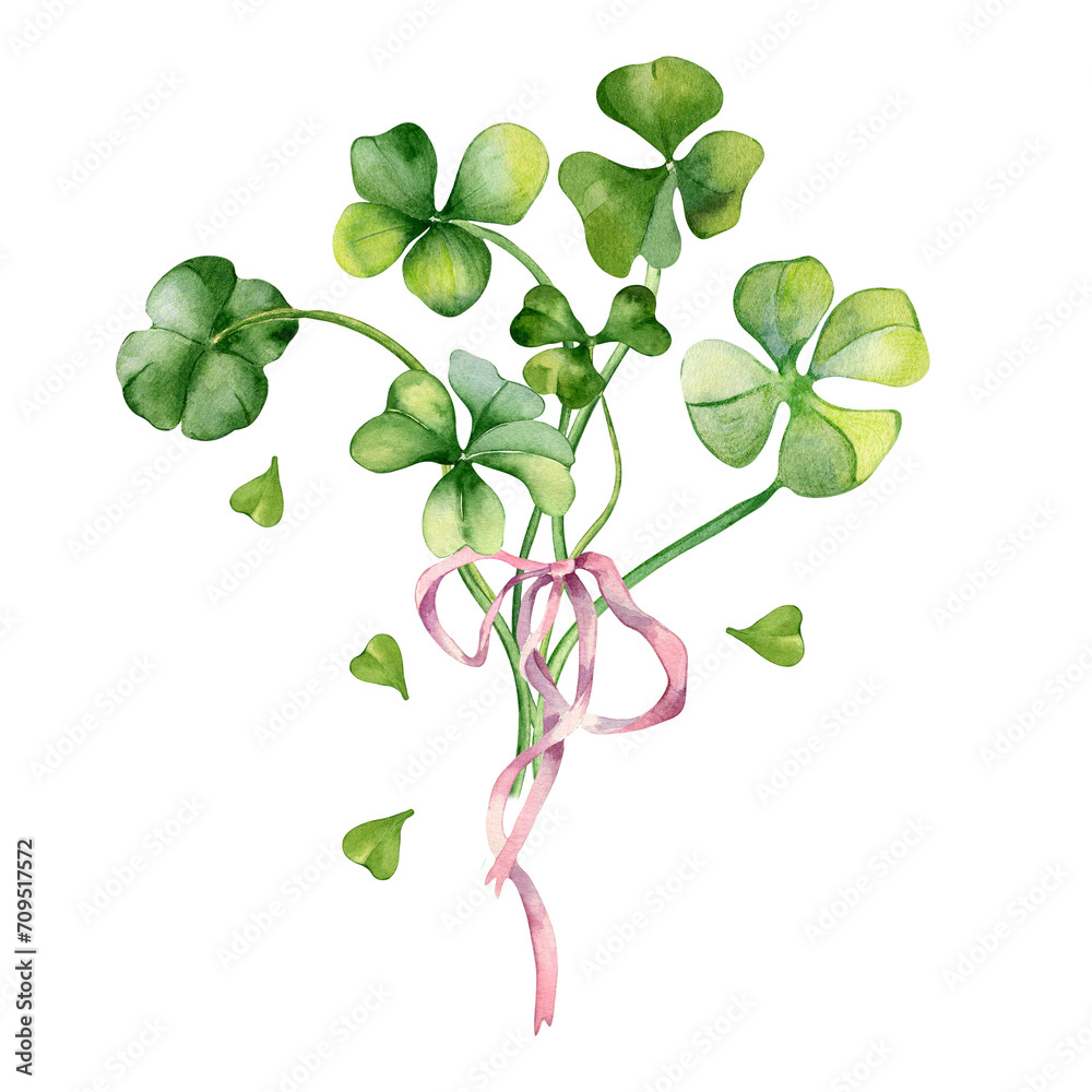 Shamrock and clover bunch with ribbon watercolor illustration isolated on white. Hand painted green four leaves. Hand drawn Irish lucky symbol. Design element for St.Patricks day postcard, banner Shamrock and clover bunch with ribbon watercolor illustration isolated on white. Hand painted green four leaves. Hand drawn Irish lucky symbol. Design element for St.Patricks day postcard, banner