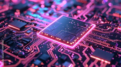 Glowing purple neon circuit board chip tech background. Generative AI photo