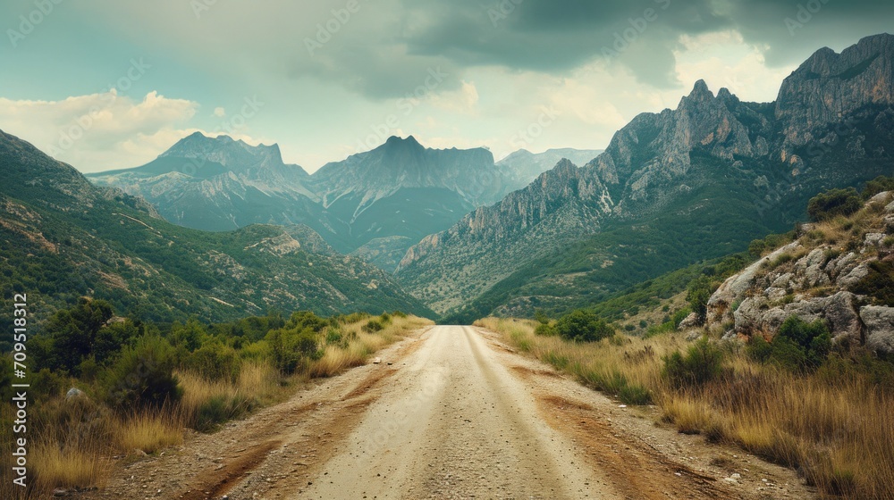  a dirt road in the middle of a mountain range with green trees and bushes on both sides of the road.