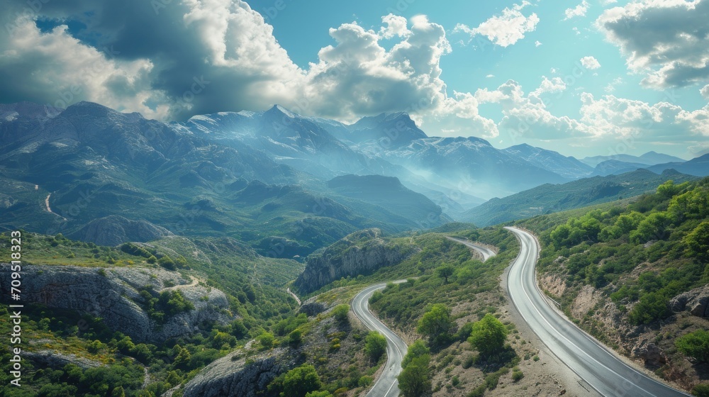  an aerial view of a road in the mountains with a mountain range in the background and clouds in the sky.