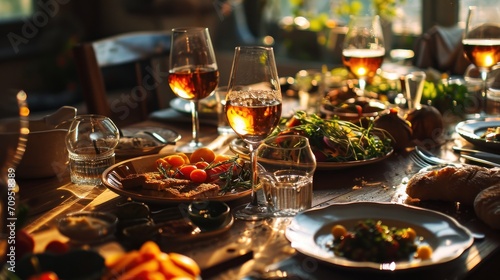  a table filled with plates of food and glasses of wine and wine glasses on top of a table with plates of food and glasses of wine.