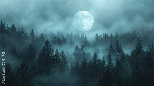  a foggy forest with a full moon in the sky and trees in the foreground, with a foggy sky and trees in the foreground. © Shanti