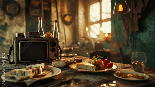  a table topped with a plate of food next to a tv and a toaster oven on top of a wooden table.