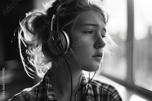  a black and white photo of a young woman listening to music with headphones on her ears and looking out a window.