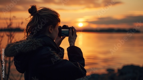  a woman taking a picture of the sun setting over a body of water with a cell phone in her hand.