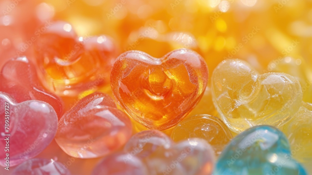 a group of heart shaped gummy bears sitting on top of a pile of other gummy bears next to each other. a group of heart shaped gummy bears sitting on top of a pile of other gummy bears next to each other.