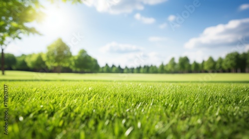 Beautifully blurred background of spring nature with a green lawn with fresh grass surrounded by trees, against a background of blue sky with clouds on a bright sunny day.