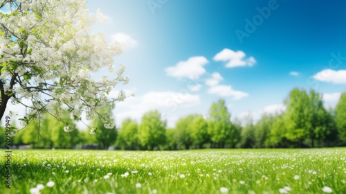 Blurred background of spring nature with fresh green grass, flowering trees, blue sky on a sunny day. Mockup for text, copy space.