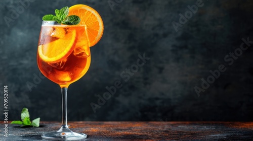  a close up of a drink in a glass with a slice of orange on the rim and mint on the rim.