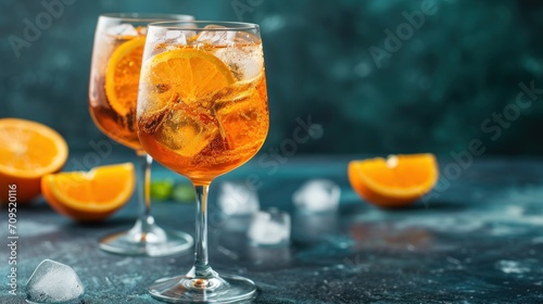  a close up of two glasses of wine with orange slices on a table with ice cubes and a bottle of wine in the background.