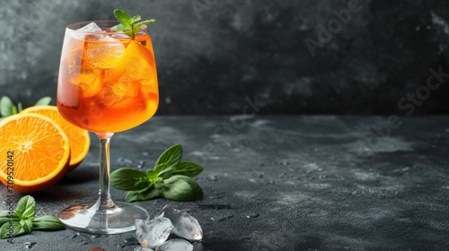  a close up of a drink in a glass with a slice of orange on the side and mint on the side.