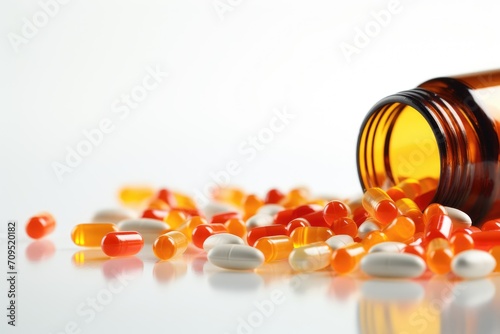 Tablets and capsules come in different colours, shapes and sizes and have a white background.