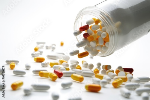 Tablets and capsules come in different colours, shapes and sizes and have a white background.