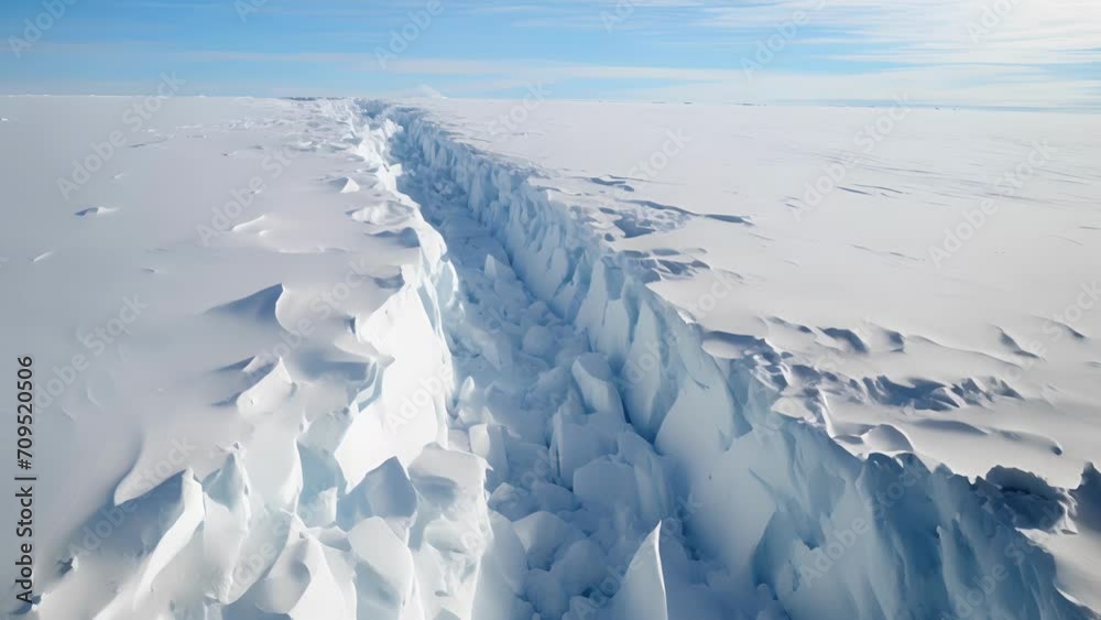 From above, witness the unfolding of a natural phenomenon as a massive fracture forms in the glistening surface of a frigid ice sheet. From above, witness the unfolding of a natural phenomenon as a massive fracture forms in the glistening surface of a frigid ice sheet.