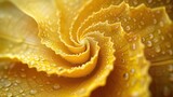  a close up of a yellow flower with drops of water on the petals and the center of the flower's petals.