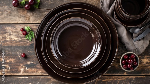  a close up of a plate with a bowl of cherries and a cup of coffee on a wooden table. photo