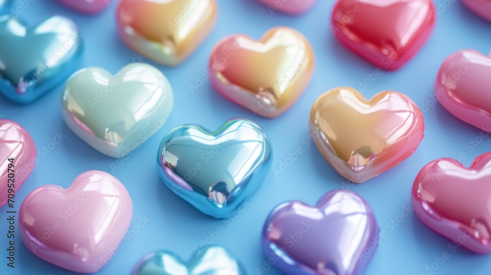 a group of heart shaped candies sitting on top of a blue surface with pink, yellow, and blue colors. a group of heart shaped candies sitting on top of a blue surface with pink, yellow, and blue colors.
