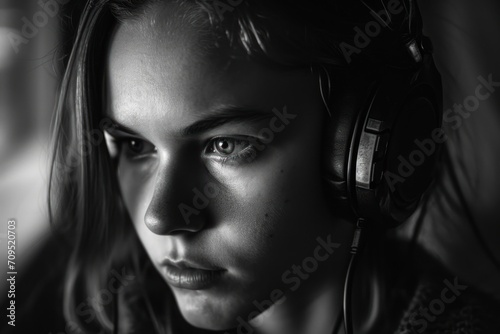  a black and white photo of a young woman wearing headphones and looking at the camera with a serious look on her face.
