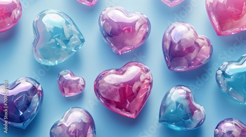  a group of pink and blue heart shaped candies sitting on top of a blue and pink counter top next to each other.
