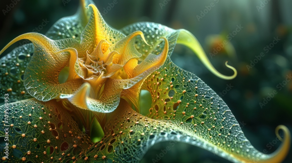 a close up of a green and yellow flower with drops of water on the petals and a blurry background. a close up of a green and yellow flower with drops of water on the petals and a blurry background.