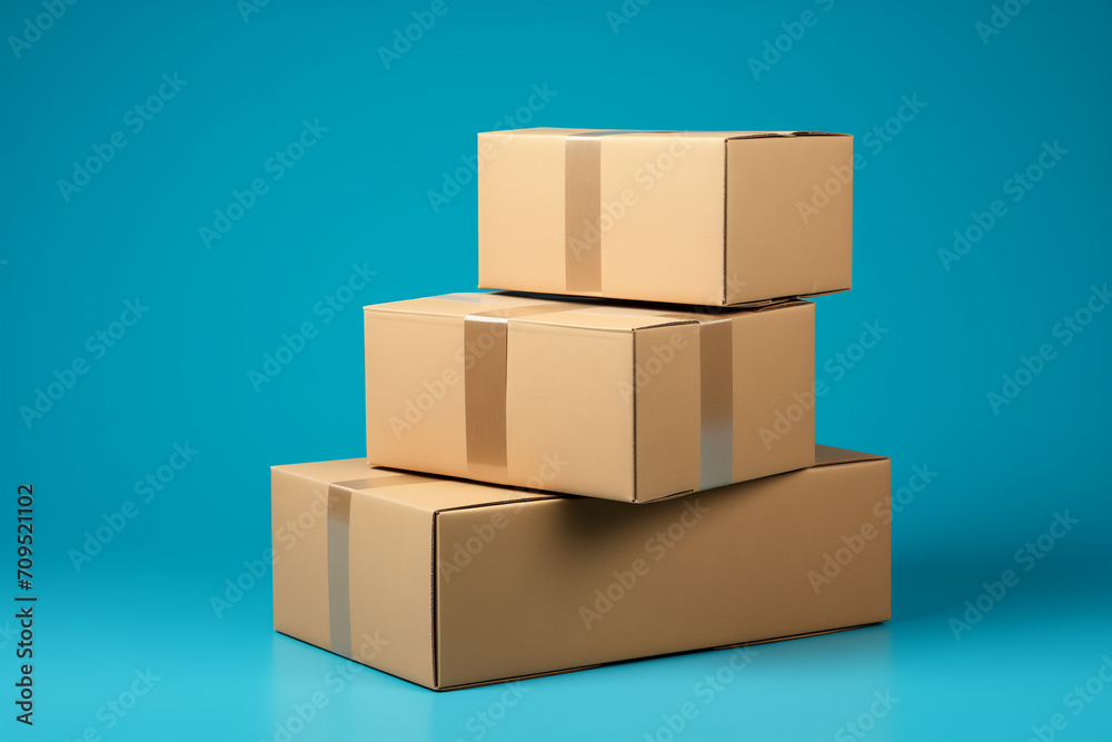 Obraz premium Cardboard empty boxes isolated blue background, software box realistic Clear Cardboard empty box Blank Cardboard Package Box For Branding