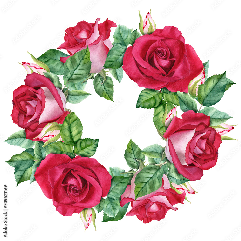 Fototapeta premium Watercolor wreath with red flower rose blooms, leaves and buds. Hand drawn illustration isolated on white. For clipart cards invitation greeting label