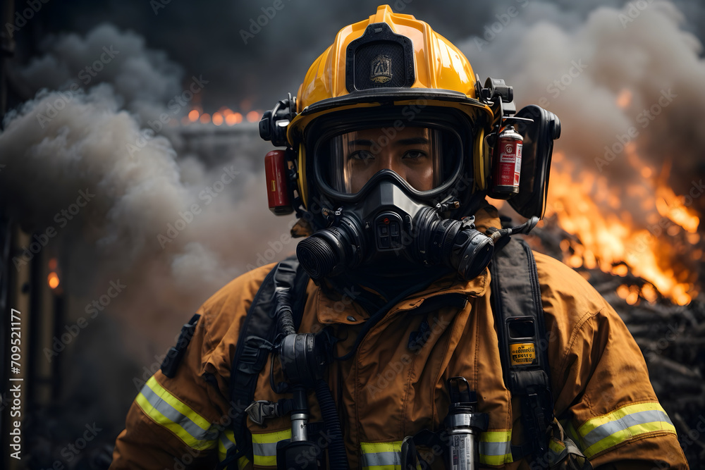 A portrait of a firefighter with a dramatic background