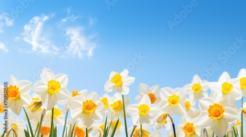 Spring floral background of Daffodils on a blue sky background with copy space. Beautiful mockup, text frame.
