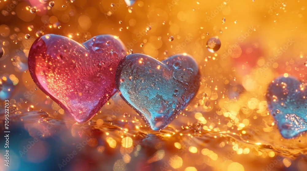  a group of three hearts sitting next to each other on top of a yellow and blue background with drops of water on them.