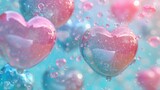  a heart - shaped balloon floating in the air surrounded by blue and pink balloons in the shape of a heart.