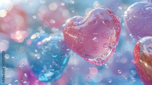  a close up of a heart shaped object on a blue and pink background with drops of water on the glass.