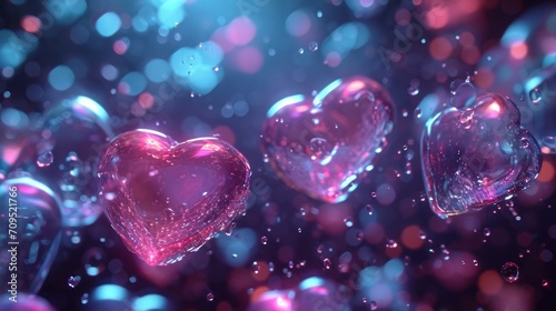  a group of heart shaped bubbles floating on top of a blue and pink background with bubbles in the shape of hearts.