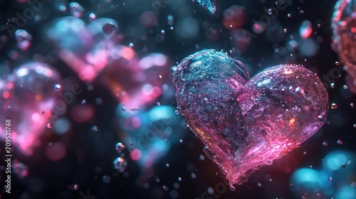  a close up of a heart shaped object in the air with water droplets on it and a blurry background.