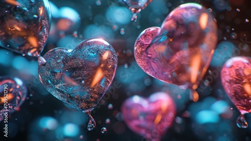  a bunch of heart shaped bubbles floating in the air with water droplets on the bottom of the bubbles and on the bottom of the bubbles. photo