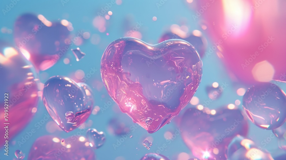  a pink heart - shaped object floating in the air surrounded by bubbles of water and air bubbles on a blue background.