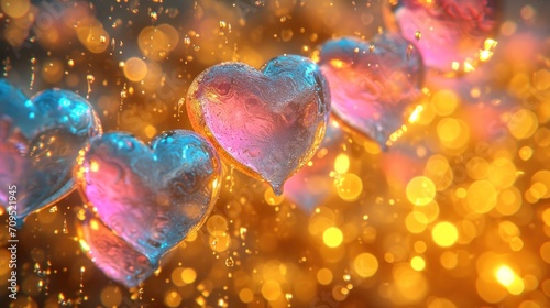  a group of hearts sitting on top of a table next to a yellow and blue background with bubbles in the shape of hearts.