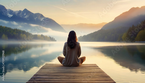 Fototapeta Naklejka Na Ścianę i Meble -  Facing back young woman practicing meditation or yoga, sitting on a wooden pier on the shore of a beautiful mountain lake at sunrise or sunset.