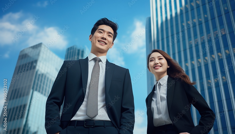 young adult man and woman in suits standing in front of a skyscraper young adult man and woman in suits standing in front of a skyscraper