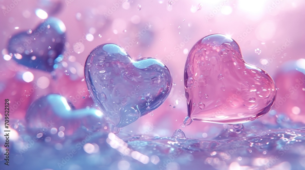a couple of hearts floating on top of a blue and pink liquid filled with drops of water on a pink and blue background. a couple of hearts floating on top of a blue and pink liquid filled with drops of water on a pink and blue background.