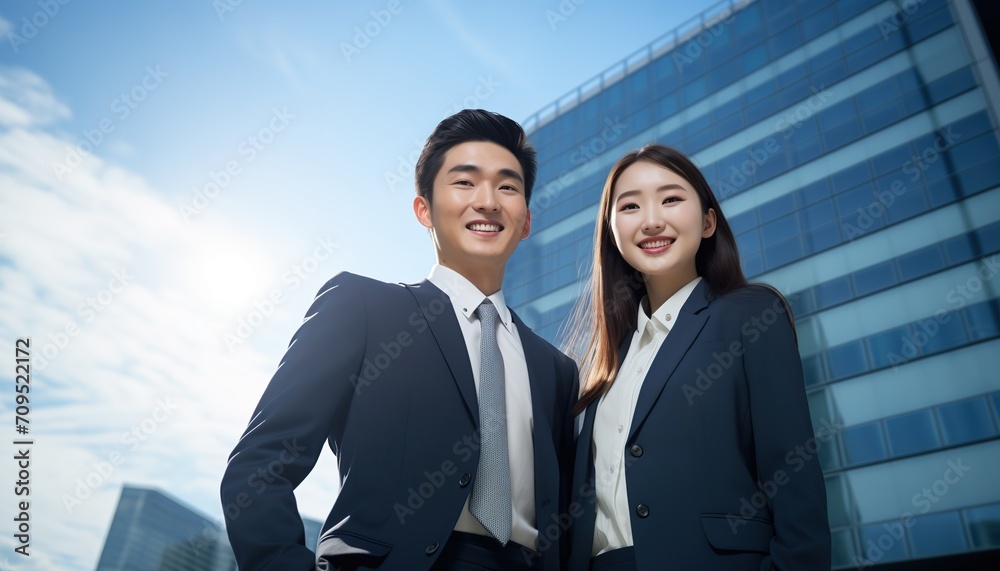 young adult man and woman in suits standing in front of a skyscraper young adult man and woman in suits standing in front of a skyscraper