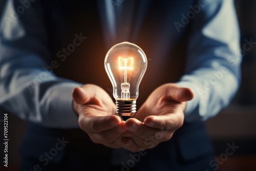 Inspirational thoughts Human hand holds a light bulb for lighting. Ideas for creativity and inspiration for sustainable business development and success generative by ai