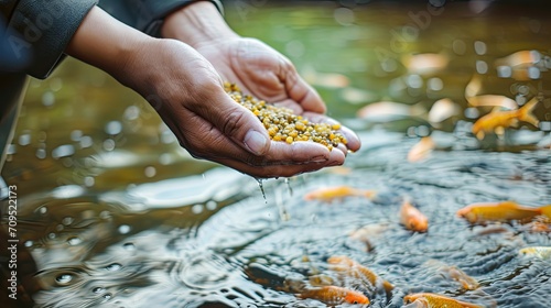 Aquaculture farmers hand hold food for feeding fish in pond in local agriculture farmland.Fish feed in a hand at fish farm photo