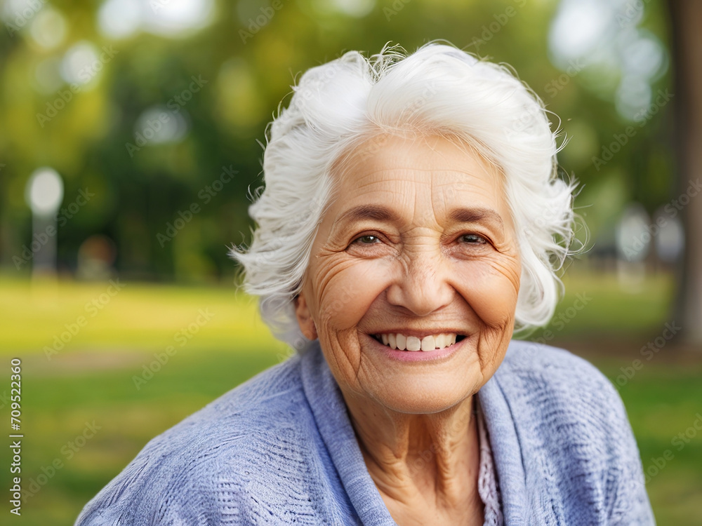 The white-haired old woman smiled happily. Background of a public park. copyscap The white-haired old woman smiled happily. Background of a public park. copyscap