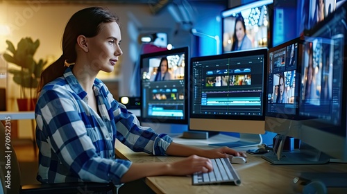 Beautiful Female Video Editor Works with Footage on Her Personal Computer, She Works in Creative Office Studio