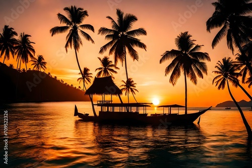 Nature Background. Scenic View Landscape Of Tropical Island Coast At Orange Sunset Over Beautiful Sea With Floating Boat And Palms Silhouette. Scenery. Travel To Thailand. Tourism. Summer Vacations