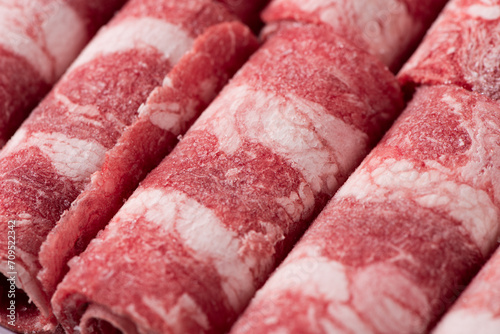 Slice of the fresh raw beef or Beef rolls for shabu