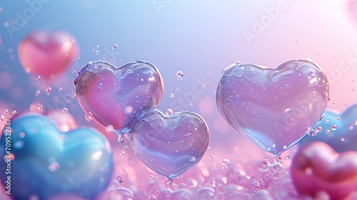  a group of heart shaped balloons floating in a blue, pink, and pink liquid filled with bubbles on a blue and pink background.